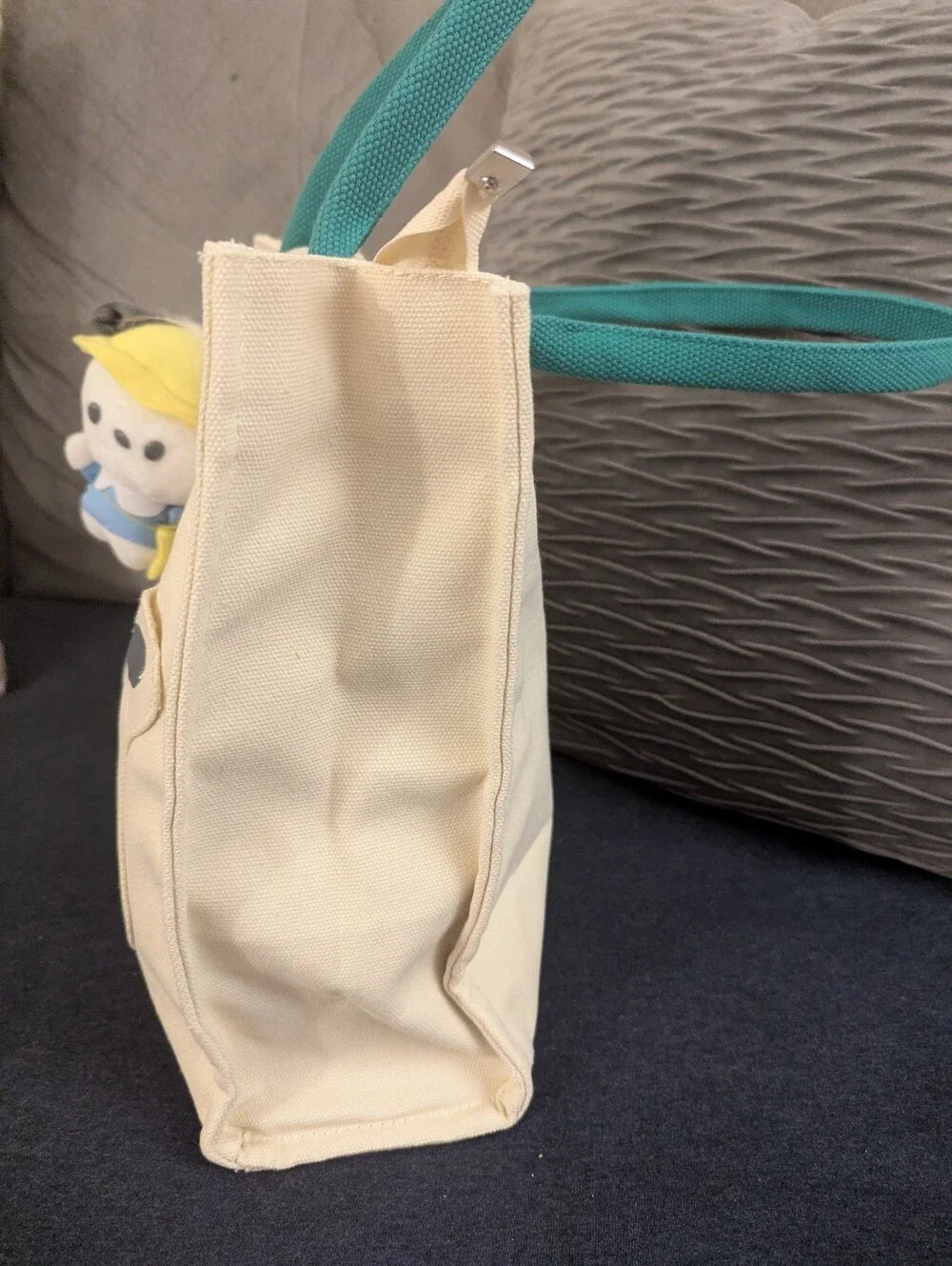 Pochaco Inspired Canvas Tote Bag with Teal Handles And Plush Keychain